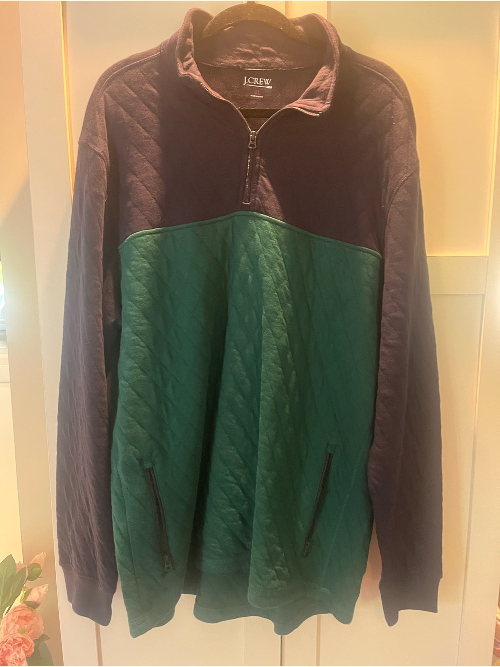 J. Crew Green and Navy Quilted Half-Zip Pullover